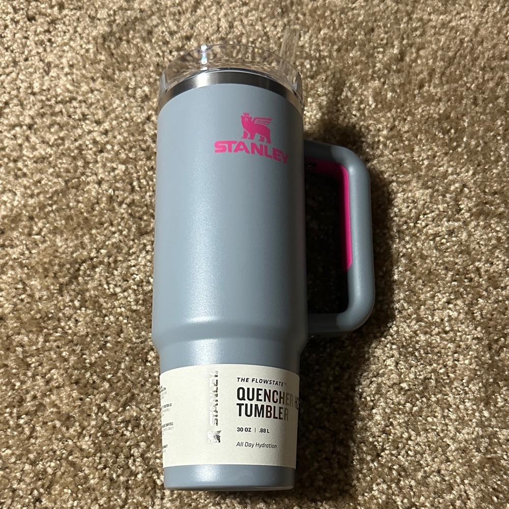 Stanley Gray Tumbler with Pink Logo and Handle Accent